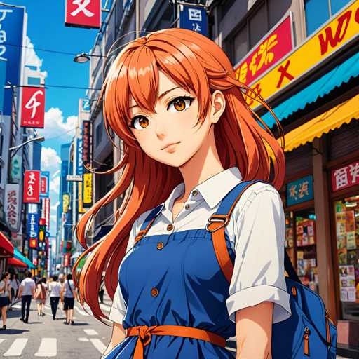 The image depicts an orange-haired girl with a blue dress standing on the sidewalk of a busy city street. She is wearing a backpack and has her hair styled in loose waves. The background shows buildings lining the street, and there are signs for various shops and restaurants visible.