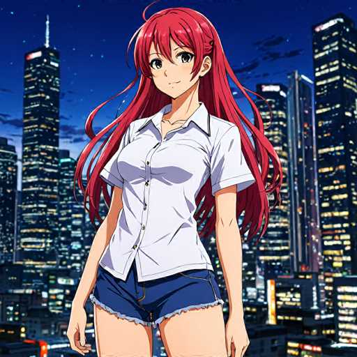 A vibrant anime-style illustration of a young woman with long, flowing red hair and large, expressive eyes. She's wearing a white short-sleeved button-down shirt and denim shorts, with her hair cascading around her shoulders. The background is a bustling cityscape at night, filled with brightly lit skyscrapers and a dark blue sky dotted with stars. The overall style is detailed and colorful, typical of anime art.