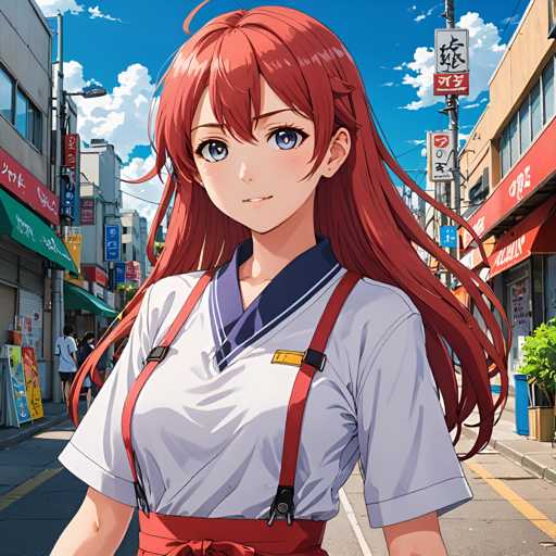 The image depicts an anime character with long red hair and a white shirt, standing on the sidewalk of a city street. The character is wearing a red sash around her waist and has a serious expression on her face. In the background, there are buildings and signs that suggest an urban setting.