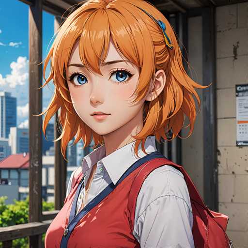 A detailed, anime-style portrait of a young woman with vibrant orange hair and large blue eyes. She's wearing a red school-style vest over a white collared shirt and has a blue backpack slung over her shoulder. Her expression is gentle and slightly pensive, with a soft smile. The background features a blurred cityscape with buildings under a bright blue sky with fluffy white clouds, suggesting she's standing on a balcony or rooftop. The overall style is reminiscent of modern anime art, with soft lighting and detailed hair strands.