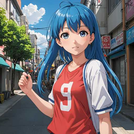 A young girl with blue hair is walking down a city street wearing a red and white striped shirt and carrying a backpack.