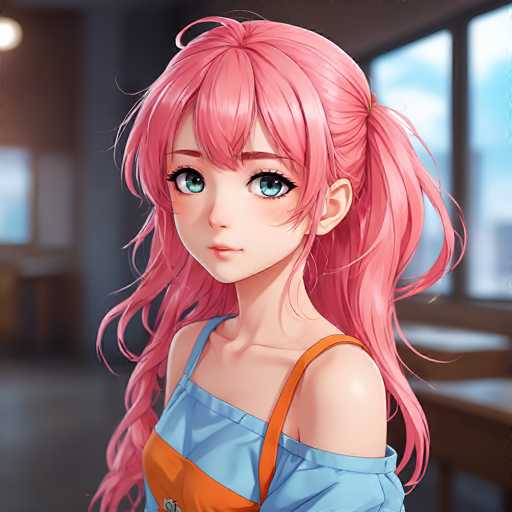 A detailed, anime-style portrait of a young woman with vibrant pink hair styled in two high ponytails. She has large, expressive teal eyes and a gentle smile. She's wearing a light blue off-the-shoulder top with orange straps and a small, detailed emblem on the chest. The background is softly blurred, suggesting an indoor setting with warm lighting and a window showing a bright, slightly out-of-focus view. The overall style is digital art with a focus on soft lighting and detailed textures, giving the image a polished and slightly dreamy quality.
