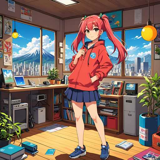 A young girl with red hair and a blue skirt stands in front of a desk cluttered with books and papers, wearing a red hoodie over her shoulders. The room is filled with various objects, including a computer monitor on the desk, a plant near the window, and a potted plant next to it.