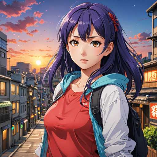 A detailed, high-quality digital painting of a young anime girl standing in a vibrant, bustling city street. She has long, flowing purple hair with a red hair tie, large brown eyes, and fair skin. She's wearing a red t-shirt, a white hooded jacket with a light blue inner lining, and a black backpack. She's looking directly at the viewer with a gentle expression. The background features a warm, orange and pink sunset sky with soft clouds, and traditional Japanese-style buildings lining the street. The overall style is reminiscent of modern anime art with a focus on detailed textures and lighting, creating a warm and inviting atmosphere.