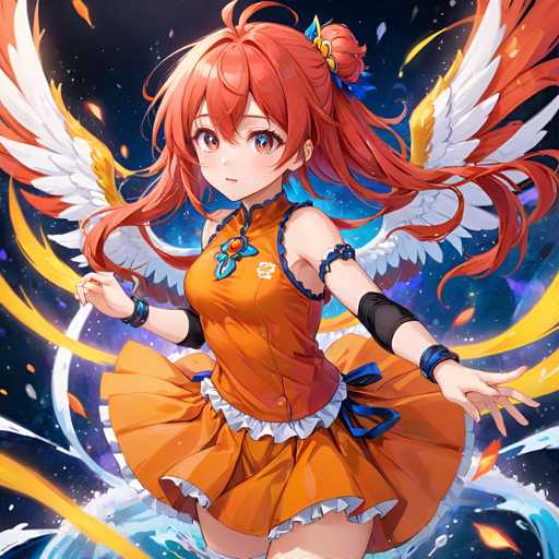 A young girl with red hair and an orange dress is shown flying through a starry night sky. She has wings on her back and arms outstretched as she soars above the clouds. The background features a mix of blue and yellow hues, creating a sense of wonder and adventure.