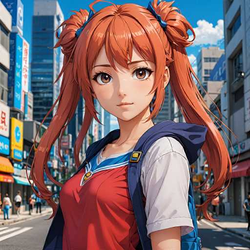 A detailed, anime-style illustration of a young woman with vibrant orange hair styled in two high pigtails adorned with blue hair ties. She has large, expressive brown eyes and a gentle smile, looking directly at the viewer. She's wearing a red school uniform top with blue accents and a white shirt underneath, paired with a dark blue backpack. The background is a bustling city street scene, filled with colorful storefronts and blurred pedestrians, suggesting a vibrant urban environment. The overall style is reminiscent of modern anime art, with soft lighting and detailed textures.