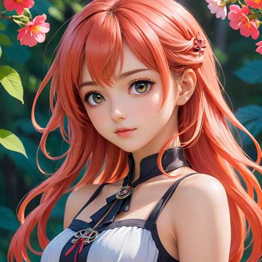 The image shows a close-up portrait of a young girl with long red hair styled in loose waves and wearing a white dress with a black collar. The background is blurred, suggesting an outdoor setting or garden filled with pink flowers.