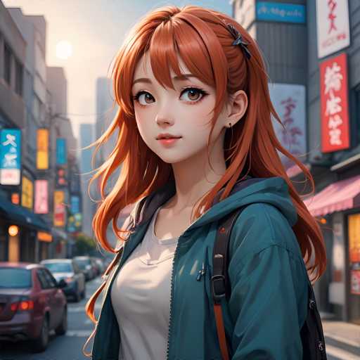 The image depicts an orange-haired girl with a backpack and blue jacket walking down a city street lined with buildings featuring colorful signs. The girl is looking off into the distance, possibly lost in thought or daydreaming.