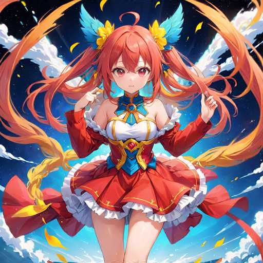 A vibrant anime-style illustration of a young, red-haired girl with large, expressive eyes. She's wearing a detailed, fantasy-inspired outfit in shades of red and white, with golden accents. Her hair is styled in long, flowing strands that seem to be swirling around her, with golden ribbons and wing-like details attached. She has a determined yet gentle expression, looking directly at the viewer with her hands slightly raised as if in a pose of power or readiness. The background is a dynamic blend of blue and white, suggesting a magical or celestial setting with swirling clouds and glowing particles. The overall style is bright, detailed, and full of energy, characteristic of modern anime art.