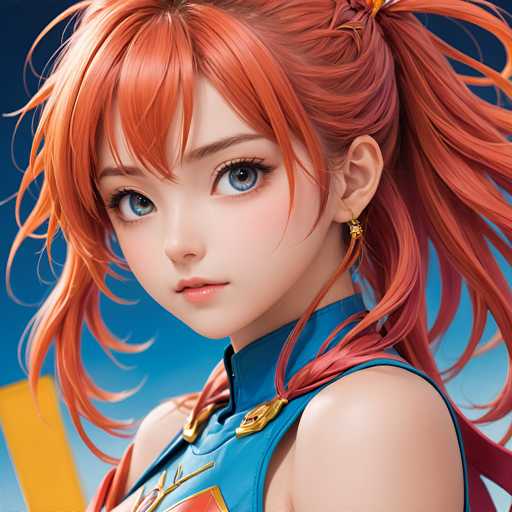 The image shows a close-up portrait of an anime character with vibrant orange hair and striking blue eyes. The character is wearing a blue tank top that contrasts with the warm tones of their hair color. They are looking directly at the camera, creating a sense of connection between the viewer and the character.