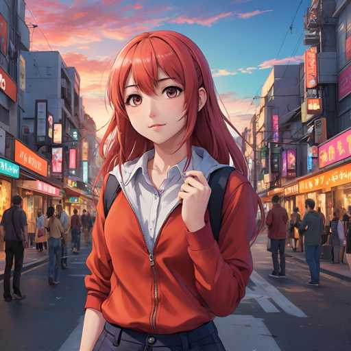 A young woman with long red hair is walking down a busy city street at sunset. She's wearing an orange jacket and carrying a backpack on her shoulders. The buildings lining the street have colorful signs in Japanese characters that read "大阪", "大阪", and "大阪".