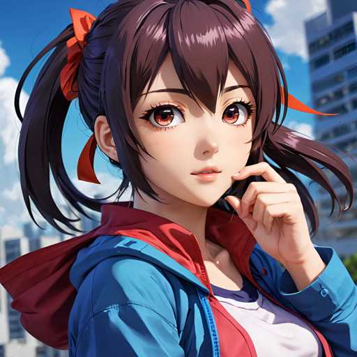 The image shows a close-up portrait of a young woman with brown hair styled into pigtails and wearing a blue jacket over a white shirt. The woman's face is the main focus, with her eyes looking directly at the camera.