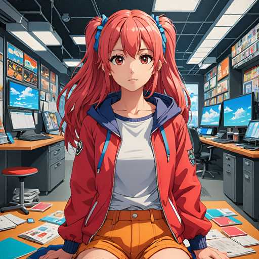 A young anime girl with vibrant red hair styled in two high pigtails, wearing a bright red jacket with blue accents and orange shorts, sits at a desk in a bustling office. She has large, expressive eyes with a gentle expression and is looking directly at the viewer. The background shows a busy office environment filled with computer monitors displaying various screens, stacks of papers, and other work-related items. The overall style is detailed and vibrant, typical of anime art.