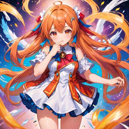 The image depicts an anime character with long hair and a red dress adorned with white stars on the shoulders. The character is standing against a backdrop of a blue sky filled with yellow and orange clouds, creating a vibrant and colorful scene.
