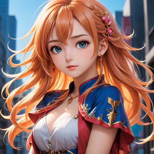 The image shows a close-up portrait of a woman with long blonde hair and striking blue eyes. She is wearing a blue dress that has gold accents on the sleeves and collar. The background features an urban cityscape with tall buildings and a clear blue sky.