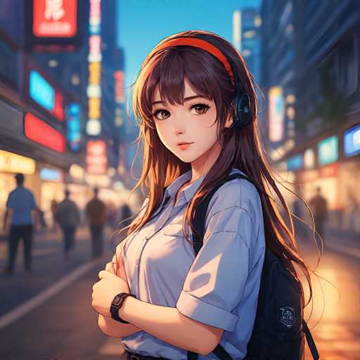 A young anime girl with long brown hair, wearing a light blue button-down shirt and a black backpack, is standing on a bustling city street at night. She's wearing orange headphones and has a gentle, slightly pensive expression. The background is blurred with colorful neon signs of shops and buildings, creating a vibrant urban atmosphere. She's looking directly at the viewer with a soft gaze. The overall style is detailed and anime-inspired, emphasizing warm lighting and depth of field to draw attention to the girl.