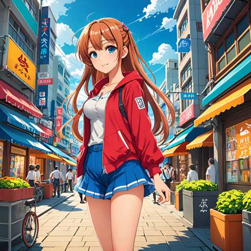 The image depicts an anime character with long brown hair and blue eyes walking down a city street lined with colorful buildings and shops. The character is wearing a red jacket over a white shirt and blue shorts. In the background, there are people going about their day on the sidewalk, adding to the bustling atmosphere of the scene.