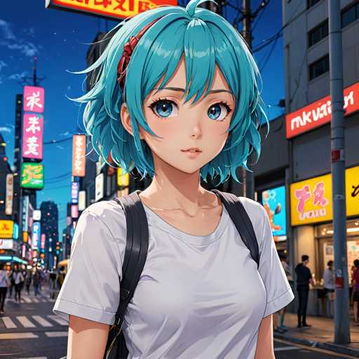 The image depicts a young girl with blue hair walking down a busy city street at night. She is wearing a white t-shirt and carrying a black backpack over her shoulder. The background features tall buildings adorned with colorful neon signs, creating a vibrant urban atmosphere.