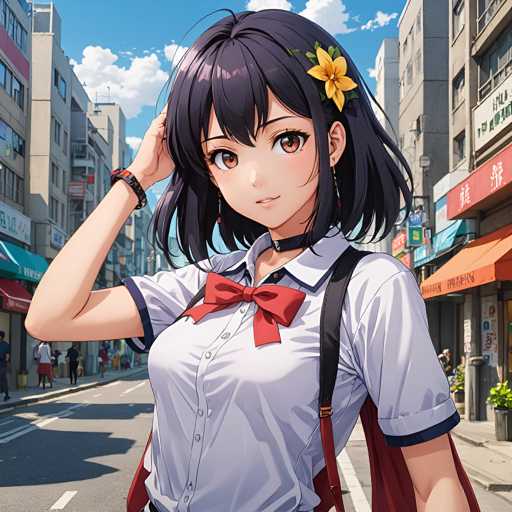A young girl with dark hair and a flower in her hair is the main subject of this image. She's wearing a white blouse and red skirt, and she has a backpack on her shoulders. The background features an urban setting with buildings and trees lining the street.