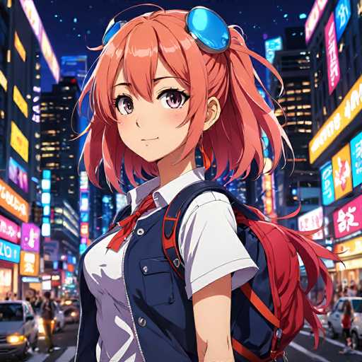 A vibrant anime-style illustration of a young girl, likely a high school student, standing in front of a bustling Tokyo street at night. She has bright pink hair styled in two high pigtails, with a few strands framing her face. She's wearing a white collared shirt, a dark blue school jacket with silver buttons, and a red necktie. Blue goggles are perched on her head. She's wearing a dark blue backpack with red straps and is looking directly at the viewer with a gentle, slightly confident smile. The background is filled with brightly lit neon signs in Japanese script and vibrant colors, typical of a Tokyo cityscape at night. The overall style is detailed and colorful, with a focus on the character's expressive eyes.