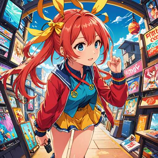The image depicts an anime character with vibrant red hair and a yellow bow on her head, standing in front of a row of bookshelves filled with various books. The character is wearing a blue jacket and holding a camera.