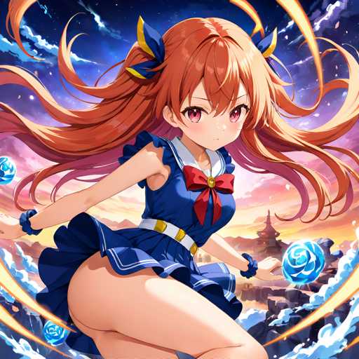A young girl with long red hair and a blue dress stands on the left side of the image, holding a sword in her right hand and wearing a necklace around her neck. The background features a sky filled with clouds and a castle-like structure in the distance.