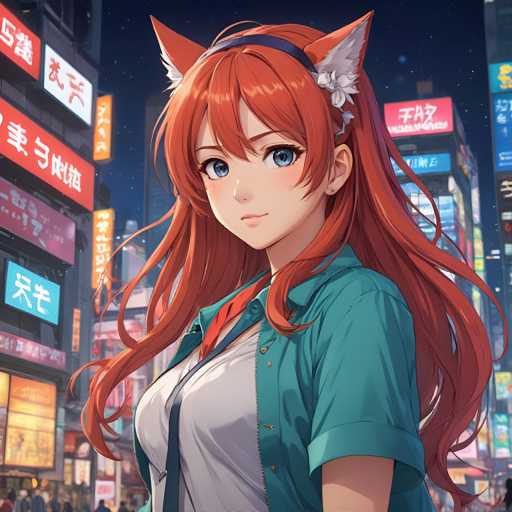 A young girl with long red hair and a green shirt stands on a busy street at night, looking off into the distance as she gazes at something unseen. The background is filled with neon signs and buildings, creating an urban atmosphere that contrasts with her serene expression.