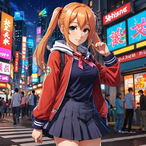 A young girl with blonde hair and blue eyes is walking down a busy street at night. She's wearing a red jacket over a black dress and has a backpack on her shoulders. The background features neon signs for various shops and restaurants, creating a vibrant cityscape atmosphere.
