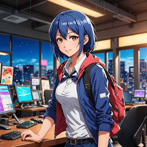 A young anime girl with short, bright blue hair and large brown eyes is sitting at a computer workstation in a brightly lit office. She's wearing a white collared shirt, a blue jacket with red sleeves, and a dark blue skirt. A red backpack is slung over her shoulders. She's looking directly at the viewer with a gentle smile, and her hands are resting on the keyboard. The background shows multiple computer monitors displaying various colorful interfaces, a large window showing a cityscape at night with twinkling lights, and other computer workstations. The overall style is vibrant and detailed, typical of anime art.