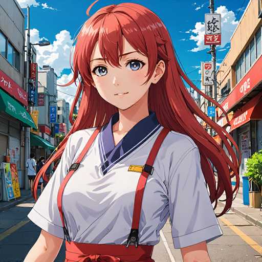 A vibrant anime-style illustration of a young woman with long, flowing red hair and bright blue eyes. She's wearing a white uniform-style shirt with purple accents, red suspenders, and a yellow name tag. She's standing in the middle of a bustling city street with colorful storefronts and signs, bathed in bright sunlight under a partly cloudy sky. The overall style is detailed and colorful, with a focus on the character's expressive face and dynamic hair.