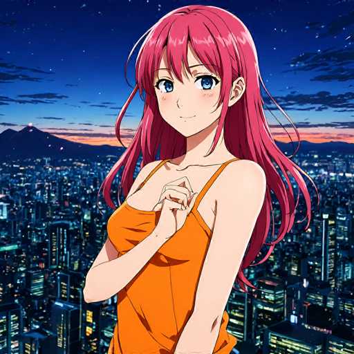 A vibrant anime-style illustration of a young woman with long, flowing pink hair and bright blue eyes. She's wearing an orange tank top and has a gentle smile on her face, with her hands clasped together in front of her. The background is a breathtaking cityscape at night, with numerous tall buildings illuminated by countless lights under a twilight sky. The overall style is reminiscent of modern anime art, with soft lighting and detailed textures.