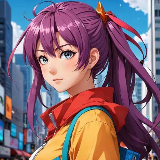 The image shows a young girl with long purple hair wearing a yellow shirt and carrying a blue backpack. She is looking off to the side with an expression of curiosity or interest. The background features tall buildings under a clear blue sky, suggesting that she might be in an urban setting.