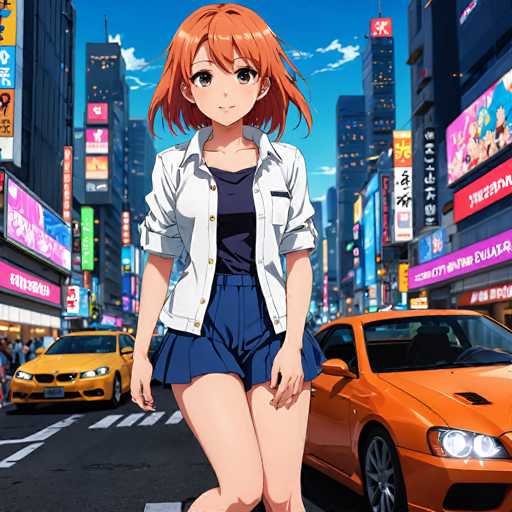 A vibrant, anime-style illustration of a young woman with bright orange hair standing in the middle of a bustling Tokyo street. She's wearing a white button-down shirt, a dark blue t-shirt underneath, and a short navy blue skirt. Her expression is cheerful and she's looking directly at the viewer with large, expressive eyes. The background features a busy city street with tall buildings adorned with colorful neon signs in Japanese script, and several cars are visible on the road. The overall style is detailed and colorful, typical of anime art.