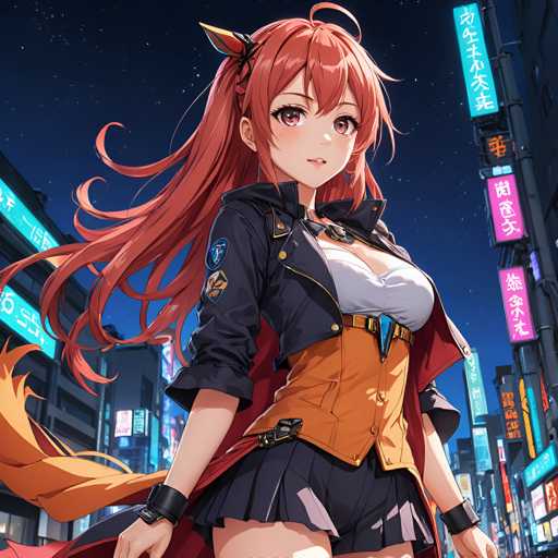 The image depicts an anime character with long red hair and a black jacket standing on a city street at night. The character is wearing orange pants and has a large nose and mouth, giving them a distinctive appearance. The background features neon signs and buildings that illuminate the scene, creating a vibrant and dynamic atmosphere.