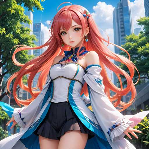 The image shows a female character with long red hair and a white dress adorned with blue accents. The character is standing on a street surrounded by trees and buildings, suggesting an urban setting.