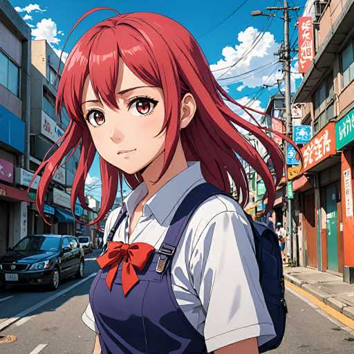 A vibrant, anime-style illustration of a young girl in a school uniform standing on a city street. She has bright red, flowing hair with a slightly windswept look, large expressive eyes with pink irises, and a gentle smile. She's wearing a white collared shirt, a dark blue sailor-style jumper with an orange bow at the neck, and a dark blue backpack. The background depicts a bustling city street with colorful storefronts, Japanese signage, and a black car parked on the left side of the street. The overall style is detailed and colorful, with a focus on dynamic hair and expressive facial features typical of anime art. The lighting is bright and sunny, suggesting a daytime setting.