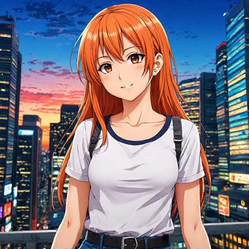 A vibrant anime-style illustration of a young woman with long, flowing orange hair and warm brown eyes. She's wearing a white t-shirt with a dark blue trim, a black backpack strap, and blue jeans. She has a gentle smile on her face and is looking directly at the viewer. The background features a bustling cityscape with tall, brightly lit buildings under a colorful sunset sky. The overall style is detailed and anime-inspired, with soft lighting and a focus on the character's expressive features.