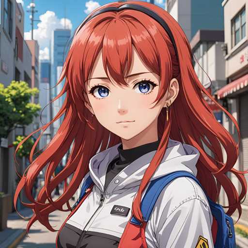 The image depicts a young girl with long red hair wearing a white jacket and black pants. She is looking directly at the camera with a serious expression on her face. The background shows an urban setting with buildings and trees lining the street.
