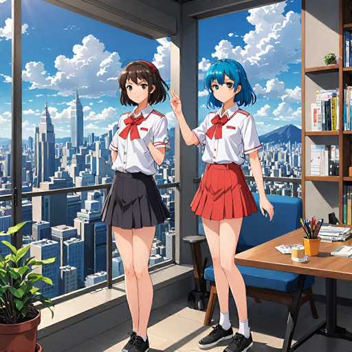 A vibrant anime-style illustration depicts two young female students in school uniforms standing on a balcony overlooking a sprawling cityscape. The girls are positioned close to each other, with one gently touching the other's shoulder in a friendly gesture. They are both wearing white collared shirts with red accents, dark pleated skirts, and matching socks. Their hair is styled in a way typical of anime characters – one with brown hair tied in pigtails and the other with bright blue, short, slightly wavy hair. 

The balcony has a modern design with a dark gray railing and light-colored flooring. A potted plant sits on the balcony floor, adding a touch of greenery to the scene. The cityscape in the background is a mix of tall buildings, with a prominent view of the Empire State Building. The sky is bright blue with fluffy white clouds, and sunlight streams in from behind the balcony, casting a warm glow on the scene. 

The overall mood of the illustration is cheerful and serene, suggesting a peaceful moment in a bustling urban environment. The girls' expressions are calm and pleasant, conveying a sense of friendship and contentment.