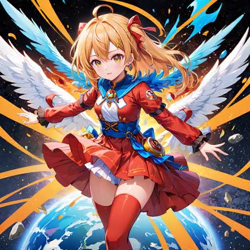 A vibrant anime-style illustration of a young, blonde girl with large white wings, wearing a red and blue outfit. She's positioned in the center of the image, seemingly floating above a swirling blue and orange planet. The girl has golden eyes with a determined expression and her hands are outstretched, as if in motion or casting a magical effect. The background is filled with dynamic energy streaks and glowing particles, suggesting a powerful or fantastical setting.