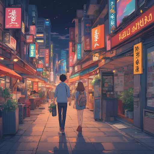 A vibrant, atmospheric illustration in the style of a digital painting, depicting a young couple walking hand-in-hand down a bustling, neon-lit street in a Japanese city at dusk. The scene is bathed in warm, orange and pink hues from the shopfronts, contrasting with the deep blue of the twilight sky. The street is narrow and lined with small shops, each illuminated by glowing signs in Japanese script. 

The couple is walking away from the viewer, their figures silhouetted against the bright lights. The woman has long brown hair and is wearing a light blue denim jacket and a short denim skirt, carrying a backpack. The man has dark hair and is wearing a light blue shirt and dark pants. They are both carrying a basket of fresh vegetables, suggesting they might be returning from the market. 

The overall mood is one of warmth, tranquility, and a touch of nostalgic charm, capturing the vibrant energy of an evening in Japan. The scene is detailed with reflections on the wet pavement, adding to the atmospheric quality of the image.