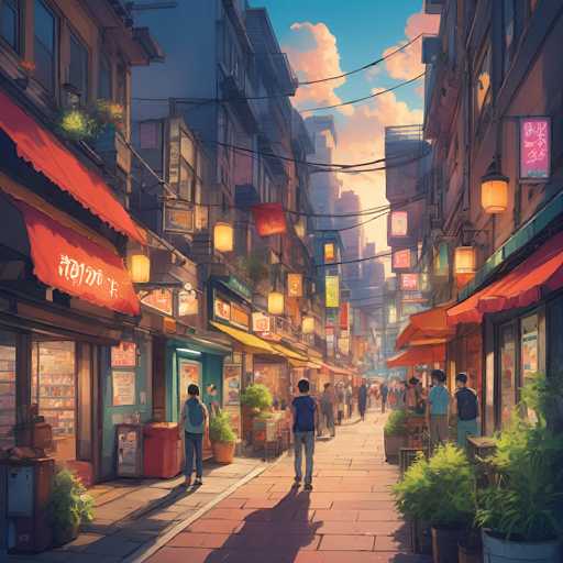 A vibrant, bustling street scene in a traditional Asian town. The image is rendered in a painterly style with soft lighting, showcasing a narrow street lined with small shops and storefronts. The buildings are multi-storied, adorned with colorful awnings and lanterns hanging overhead. People stroll along the street, adding to the lively atmosphere. The overall color palette is warm and inviting, with a focus on rich reds, oranges, and blues. The scene exudes a sense of cultural charm and urban vibrancy.