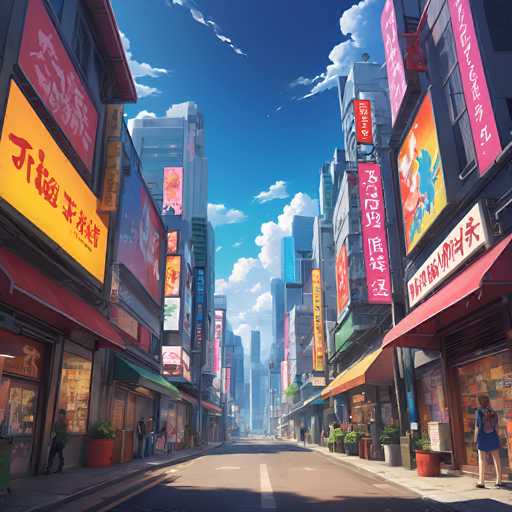 A vibrant, bustling street scene in a futuristic city inspired by Tokyo. The image is taken from a low-angle perspective, looking straight down a wide, clean street lined with tall buildings. The buildings are densely packed and feature numerous bright, colorful signs in Japanese script, creating a visually rich and energetic atmosphere. The street is mostly empty of vehicles, with a few pedestrians strolling on the sidewalks. 

The overall color palette is bright and saturated, with vibrant blues, reds, yellows, and pinks dominating the scene. The sky is a clear, bright blue with fluffy white clouds, suggesting a sunny day. The perspective emphasizes the height of the buildings and the depth of the street, drawing the viewer's eye towards the distant horizon. The overall impression is one of a lively and futuristic urban environment, full of energy and detail.