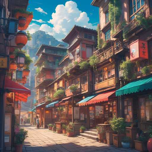 The image depicts a narrow street lined with old buildings and shops on the right side of the frame. The buildings have balconies adorned with plants, adding greenery to the urban landscape. A few people can be seen walking along the sidewalk in front of these buildings. The sky is clear blue with fluffy white clouds, creating a serene atmosphere over the scene.