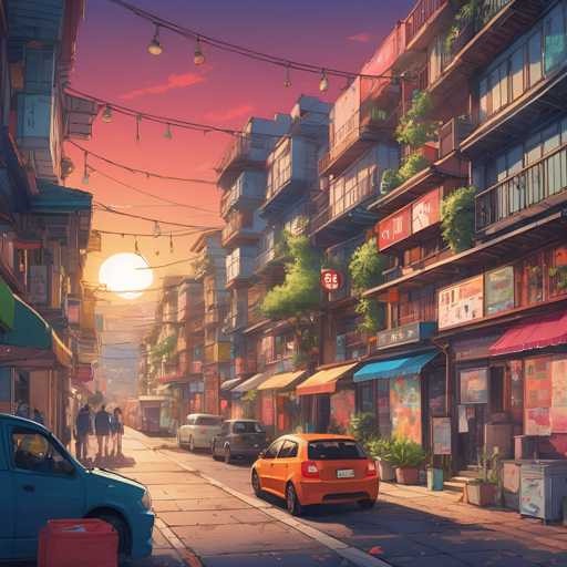 The image depicts a vibrant street scene with tall buildings on both sides and colorful signs hanging from the wires above. The sky is painted in shades of orange and pink, indicating that it's either sunset or sunrise. On the left side of the street, there are two cars parked - one blue car and one yellow car. A few people can be seen walking along the sidewalk near a store with a red awning.