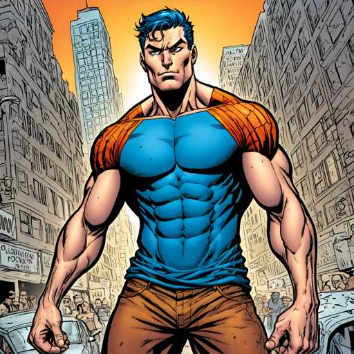 The image depicts a muscular man with blue hair and orange sleeves standing in the center of an urban setting. The background shows buildings and cars, suggesting that this scene takes place in a city or town.