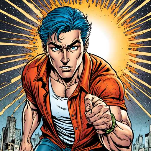 The image depicts a man with blue hair and an orange shirt standing in front of a city skyline at night. The man is pointing towards the sky, which has a bright yellow sunburst effect.
