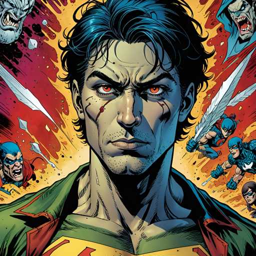 The image depicts a man with blue hair and a green shirt, surrounded by other characters from comic books such as Superman and Batman. The background is filled with red and orange splatters, creating an intense atmosphere.