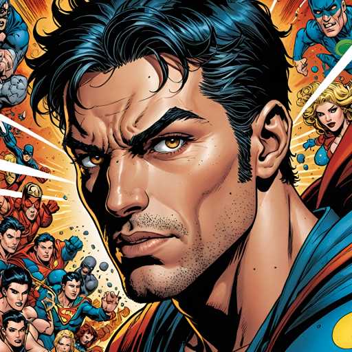 The image depicts a man with a serious expression and dark hair wearing a blue shirt against a vibrant background filled with various characters from comic books and superheroes. The colors used in the illustration are predominantly red, orange, and yellow, creating an energetic and dynamic atmosphere.