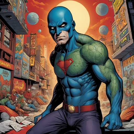 The image depicts a muscular man with blue skin and a red heart on his chest, wearing a green suit and blue pants. He is standing against the backdrop of a city skyline, which includes buildings of various sizes and colors, as well as billboards and signs that add to the urban atmosphere. The sky above him is painted in shades of orange and yellow, suggesting either sunrise or sunset.